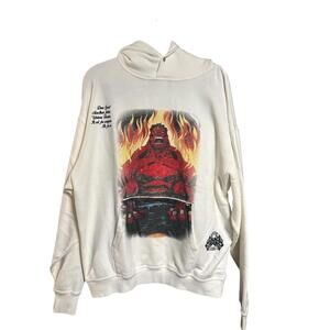 White Graphic Hoodie with Red Demon and Flames Design